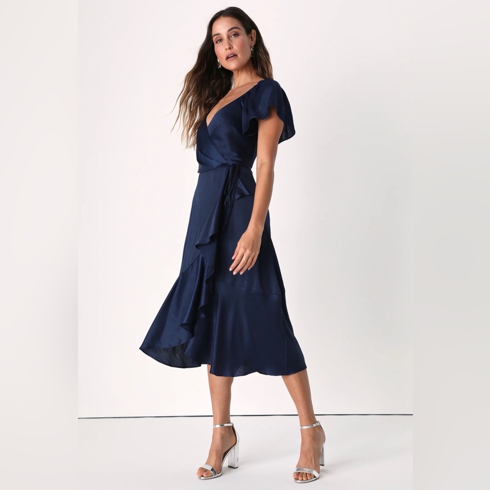 Lulus Serene Sight Navy Blue Midi Wrap Dress